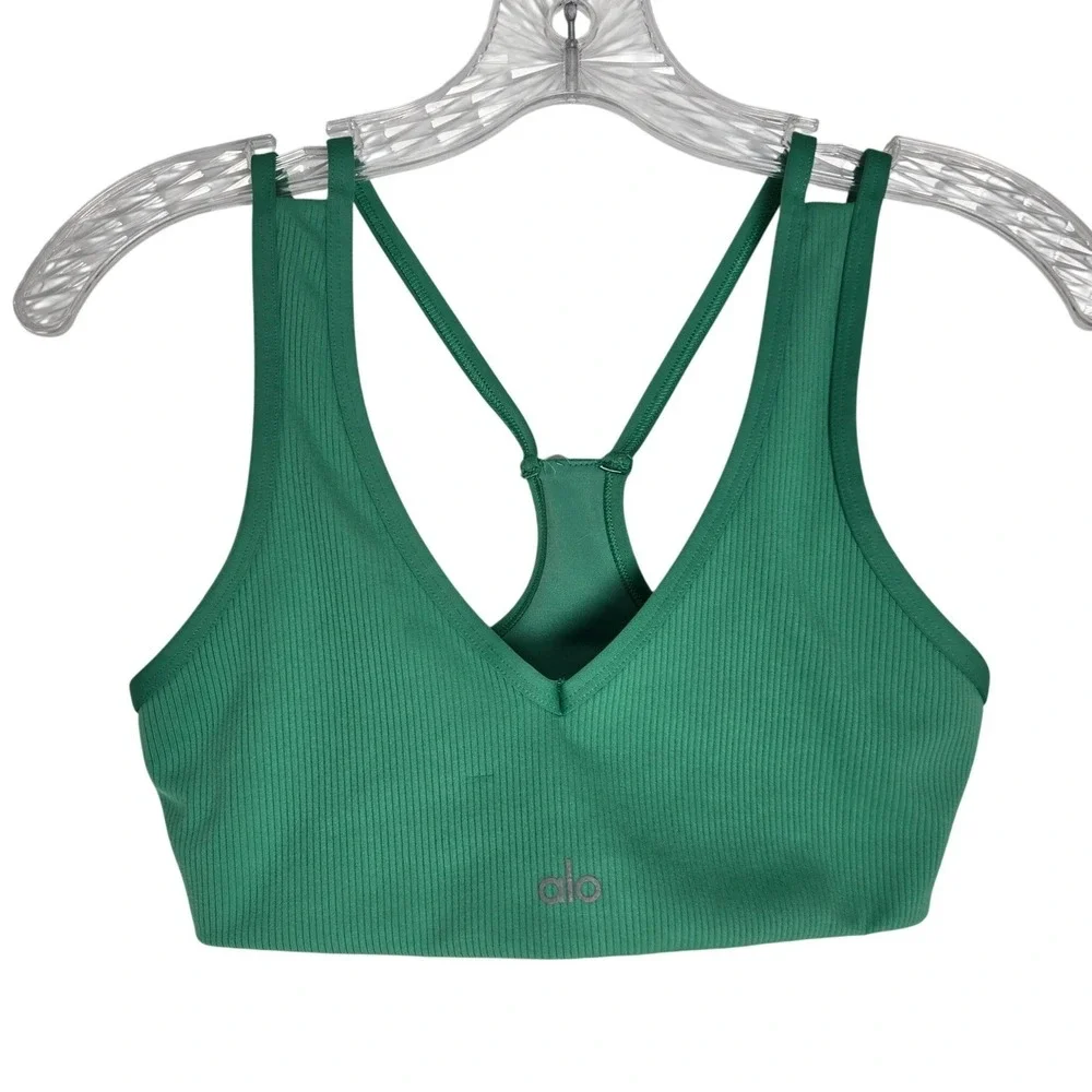 Alo Yoga XS Airlift Jump Start Ribbed Sports Bra Green Racerback V Neck Athletic